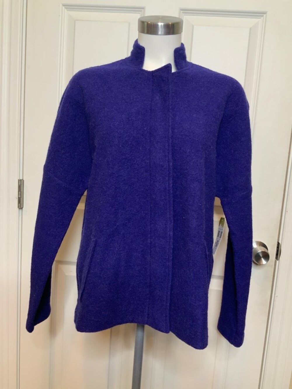 Eileen Fisher Blue 100% Wool Covered Zip Front Jacket W/ Stand Collar, Size S